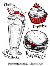 Vector set of different hand drawn food. Hamburger, milkshake and cupcake Isolated on white background. Tasty Food poster for your designs: t-shirts, posters, cards, etc. Vector illustration.