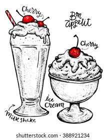 Vector set of different hand drawn food. Milkshake and ice cream Isolated on white background. Fast Food poster for your designs: t-shirts, posters, invitations, cards, etc.