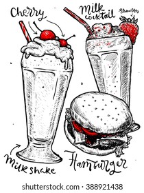 Vector set of different hand drawn food. Hamburger, milkshakes Isolated on white background. Fast Food poster for your designs: t-shirts, posters, invitations, cards, etc.
Milk cocktail.