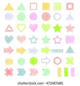 Vector set of different hand drawn colorful geometric figures, pencil drawing.  Series of vector elements for design.