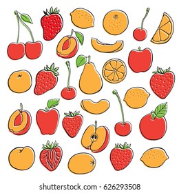 Vector set of different hand drawn fruit icons: apple, pear, strawberry, orange, peach,  banana, watermelon, pineapple,  cherry,  lemon, mango. Vector illustration, isolated on white.