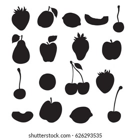 Vector set of different hand drawn fruit icons: apple, pear, strawberry, orange, peach,  banana, watermelon, pineapple,  cherry,  lemon, mango. Vector illustration, isolated on white.