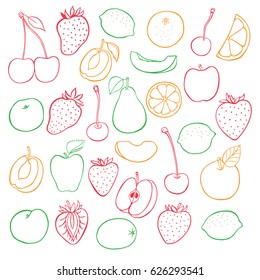 Vector set of different hand drawn fruit icons: apple, pear, strawberry, orange, peach,  banana, watermelon, pineapple,  cherry,  lemon, mango. Vector illustration, isolated on white.