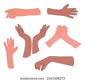 Vector set of different hand gestures. Isolated human hand. Palm, clasp hands, take hand, vote. EPS10