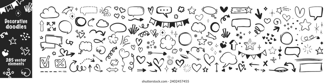 Vector set of different hearts, stars, sparkles, arrows, signs and symbols. Hand drawn, doodle elements isolated on transparent background