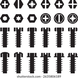 Vector set of different hex screw and bolt shapes for technical and industrial use