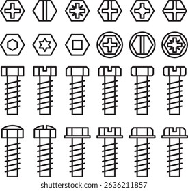 Vector set of different hex screw and bolt shapes for technical and industrial use
