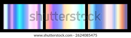 Vector set of different holographic textured gradation swatch in frame. Background set. Overexposed film effect. 3d realistic style design of shiny blue, yellow and purple metallic gradient pattern