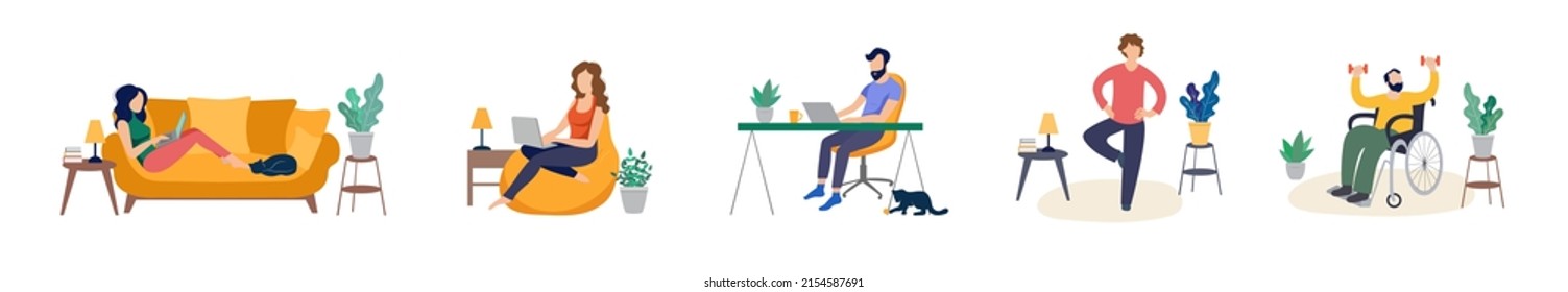 Vector Set of Different Home Activities, Working from Home and Leisure Indoor Time, People Spending their Time Usefully Isolated on White Background, People Diversity People at Home Quarantine  