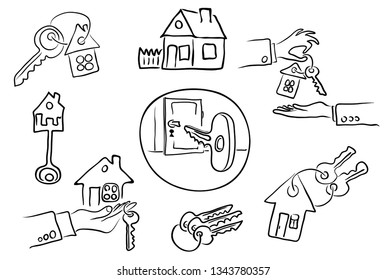 vector set with different houses and keys. real estate offers