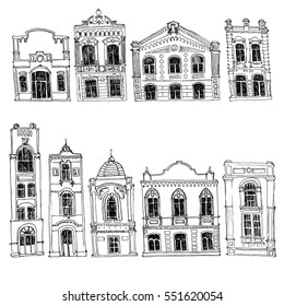 vector set of different houses, line drawing mansions, sketch of buildings, urban elements