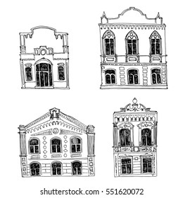 vector set of different houses, line drawing mansions, sketch of buildings, urban elements