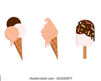 Vector set of different ice cream - ball, sundae and cone. Sweet delicacy in the heat