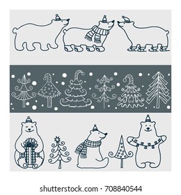 Vector set of different icons of polar bears and Christmas trees