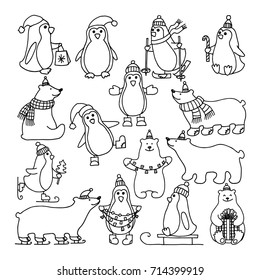 Vector set of different icons of polar bears and penguins isolated on white background