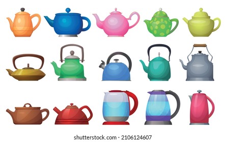 Vector set of different illustrations of kettles, electric kettles, teapots and ordinary iron kettles