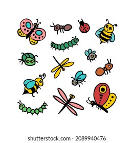 Conjunto de vectores de diferentes insectos dibujados al estilo de los niños simples