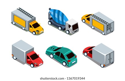 Vector set of different isometric automobiles. Passenger car, cargo trucks and concrete mixer machine. Transport theme