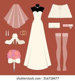 Vector set of different items for bride. Wedding gown with accessories. Elements for design of marriage ceremony invitation card: bridal dress, shoes, stockings, bouquet, veil, jewelry, rings, cape.