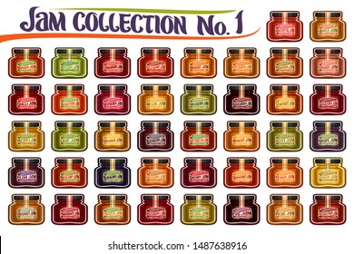 Vector set of different Jam Jars, group of 42 colorful cut out objects of fruits containers, isolated graphic illustrations of small glass jars with various labels on white, fruit jam pots collection.