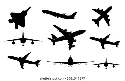 Vector Set of Different Kind of Airplanes Silhouettes in flight takeoff running