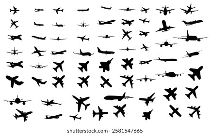 Vector Set of Different Kind of Airplanes Silhouettes in flight takeoff running