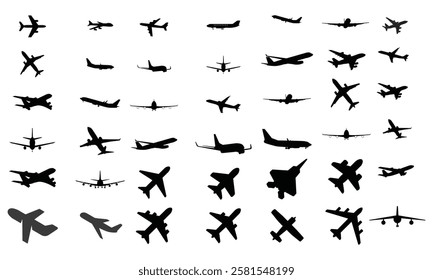 Vector Set of Different Kind of Airplanes Silhouettes in flight takeoff running