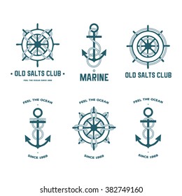Vector set of different kinds of anchors and steering wheels with the rope.