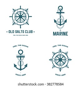 Vector set of different kinds of anchors and steering wheels with the rope.