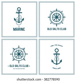 Vector set of different kinds of anchors and steering wheels with the rope.