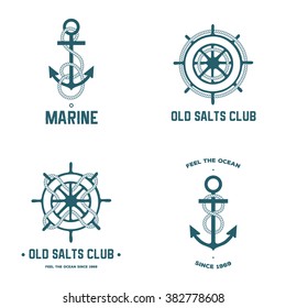 Vector set of different kinds of anchors and steering wheels with the rope.