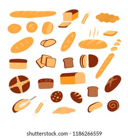 Vector set of different kinds of bread. Bakery products icons. Vector bread and pastry.