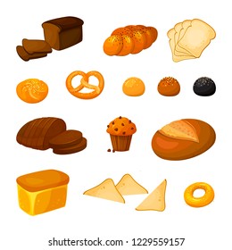 Vector set of different kinds of bread. Bakery products icons. Vector bread and pastry. Cartoon style.