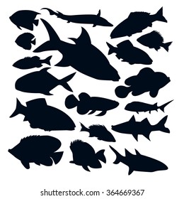 Vector Set of different kinds of fishes silhouettes isolated