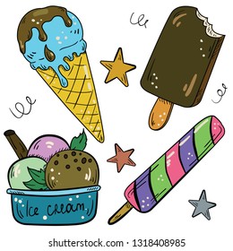 Vector set with different kinds of ice cream on white background with stars and circles. Postcard and logo ideas. Cute set of illustration.