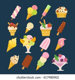 Vector set of different kinds of Ice cream in flat style. Summer food elements.  Dark background