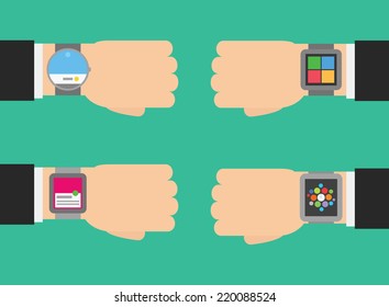 vector set different kinds of smart watch - round, rectangle, touch screen isolated