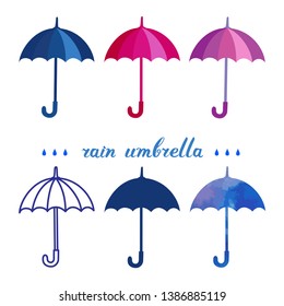 Vector set with different kinds of umbrella. Silhouette. line art, multicolor.