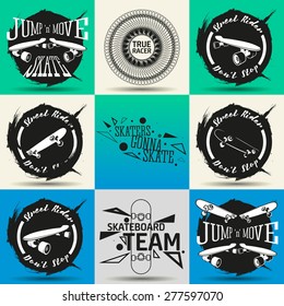 vector set of different labels emblems and design elements with illustrations of skateboard and long board