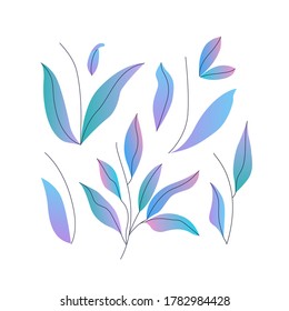 Conjunto vectorial de hojas diferentes, elementos florales con gradiente de moda y líneas minimalistas.