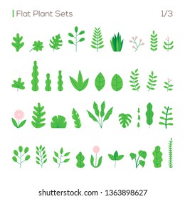 vector set of different leaves and plants in a flat style. plants isolated on white background set.