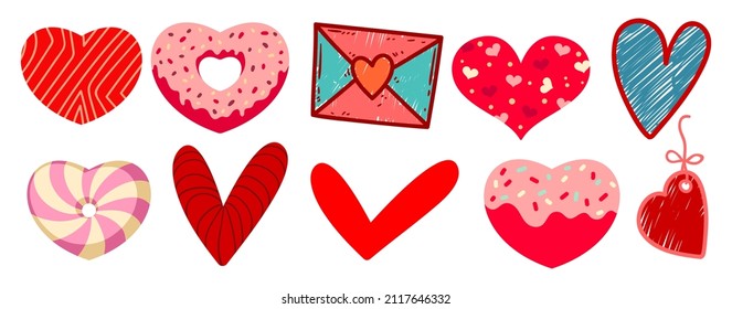 Vector set of different Love symbols. Romantic VDay collection of simple hearts and heart shape objects illustrations. St. Valentine's day graphic. Love symbols. Doodle, line art, flat illustrations