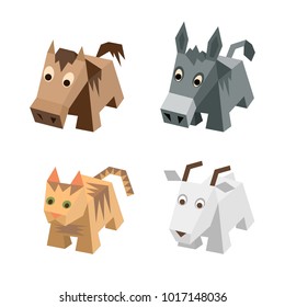 Vector set of different low poly isometric 3d animals. Isolated cute animals. Elements of geometric animals for 3d game. Icon collection of farm and home mammals: donkey, cat, horse, goat