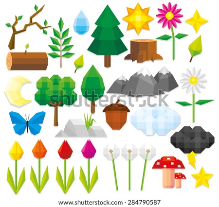 Vector Set Of Different Low Poly Style Natural Elements
