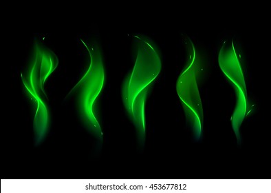 Vector Set of  Different Magic Green Fire Flame on Background
