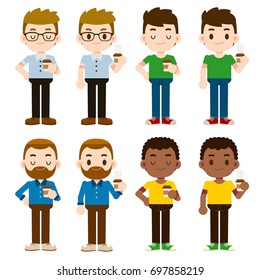 Vector set of different male characters, people, holding  coffee cup isolated on white background.