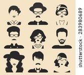 Vector set of different male and female icons in trendy flat style. People faces or heads collection.
