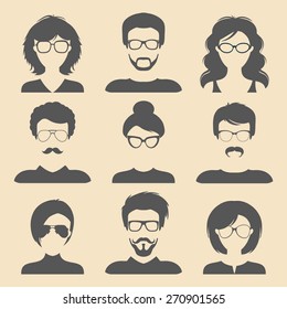 Vector set of different male and female icons in trendy flat style. People faces icons collection.