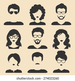 Vector set of different male and female icons in trendy flat style. People heads and faces images collection.