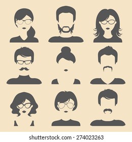 Vector set of different male and female icons in trendy flat style. People heads and faces images collection.